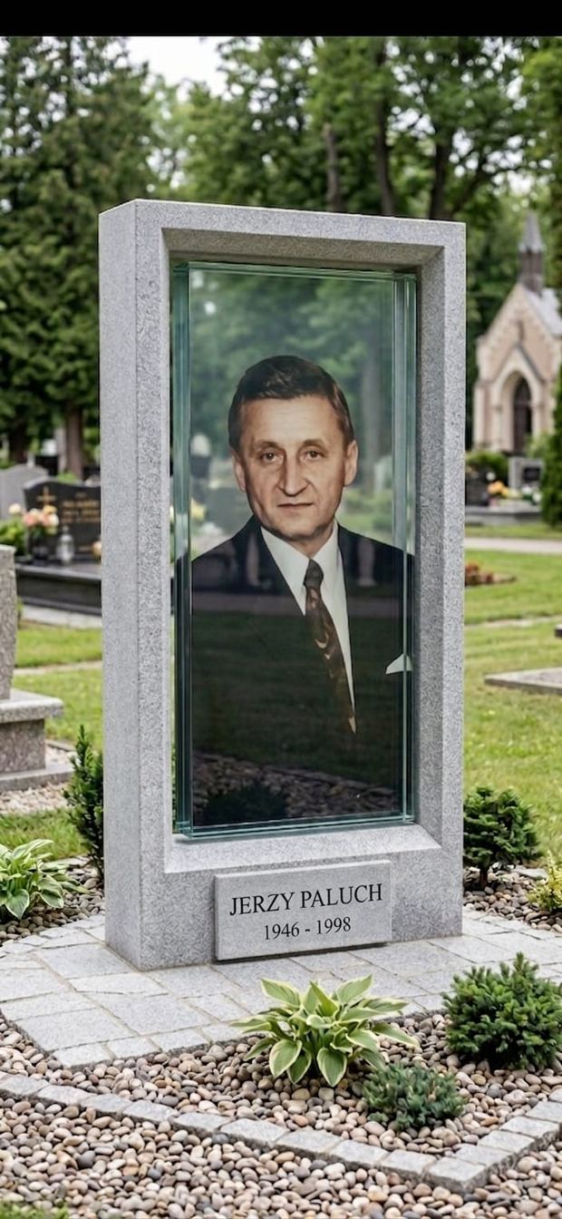 Stratum Stone — granitowa rama z taflą szkła warstwowego i wtopionym portretem zmarłego