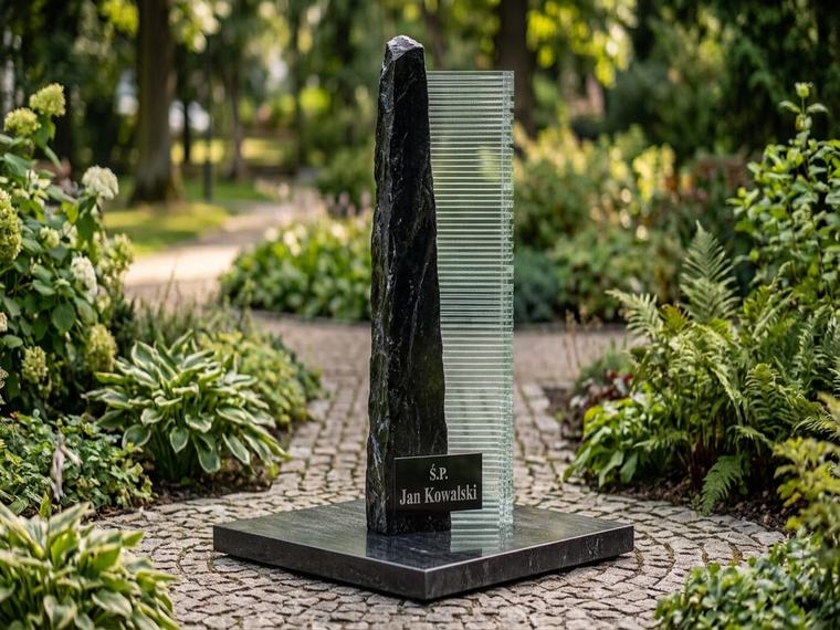 VetroLayer — surowy czarny obelisk ze szklaną kolumną